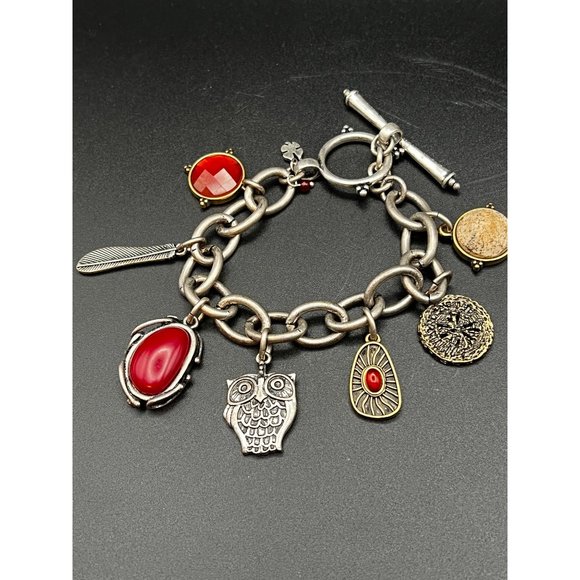 Lucky Brand Silver tone Charm Bracelet with Seven Charms Red stone Feather Owl - Picture 1 of 9